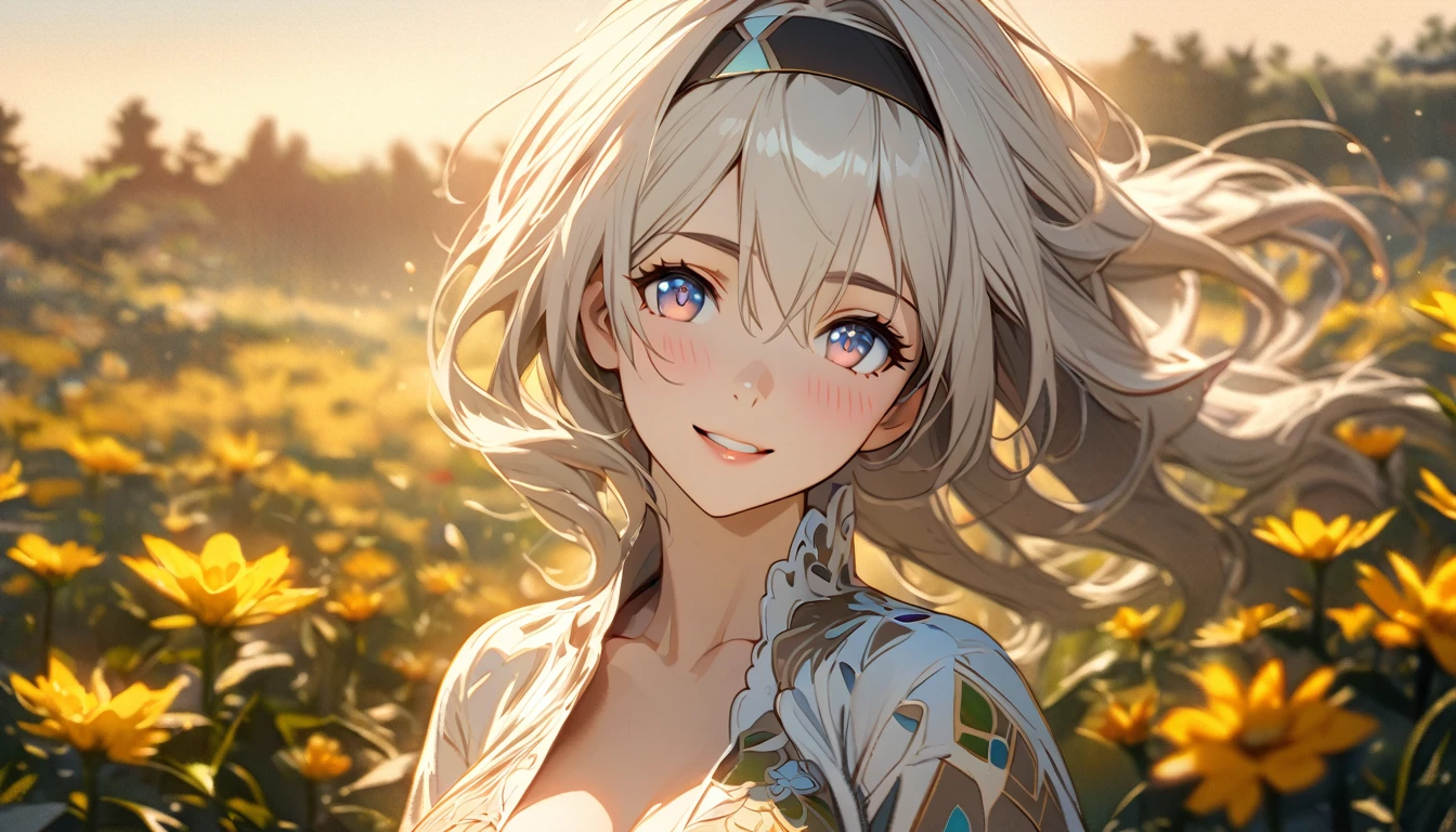 beautiful girl, long grey hair, beautiful face,smiling,close up to hips, beautiful moderate breast, in the middle of flowers field, (open mouth:0.4),illustration,detailed textures(realists),ultra-detailed,portrait style,vivid colors,soft lighting, blushing, mature, hair fluttering, evening light , head band, ((half body)), cleavage, no bra , wearing intricate dress, perky. ((side profile ))