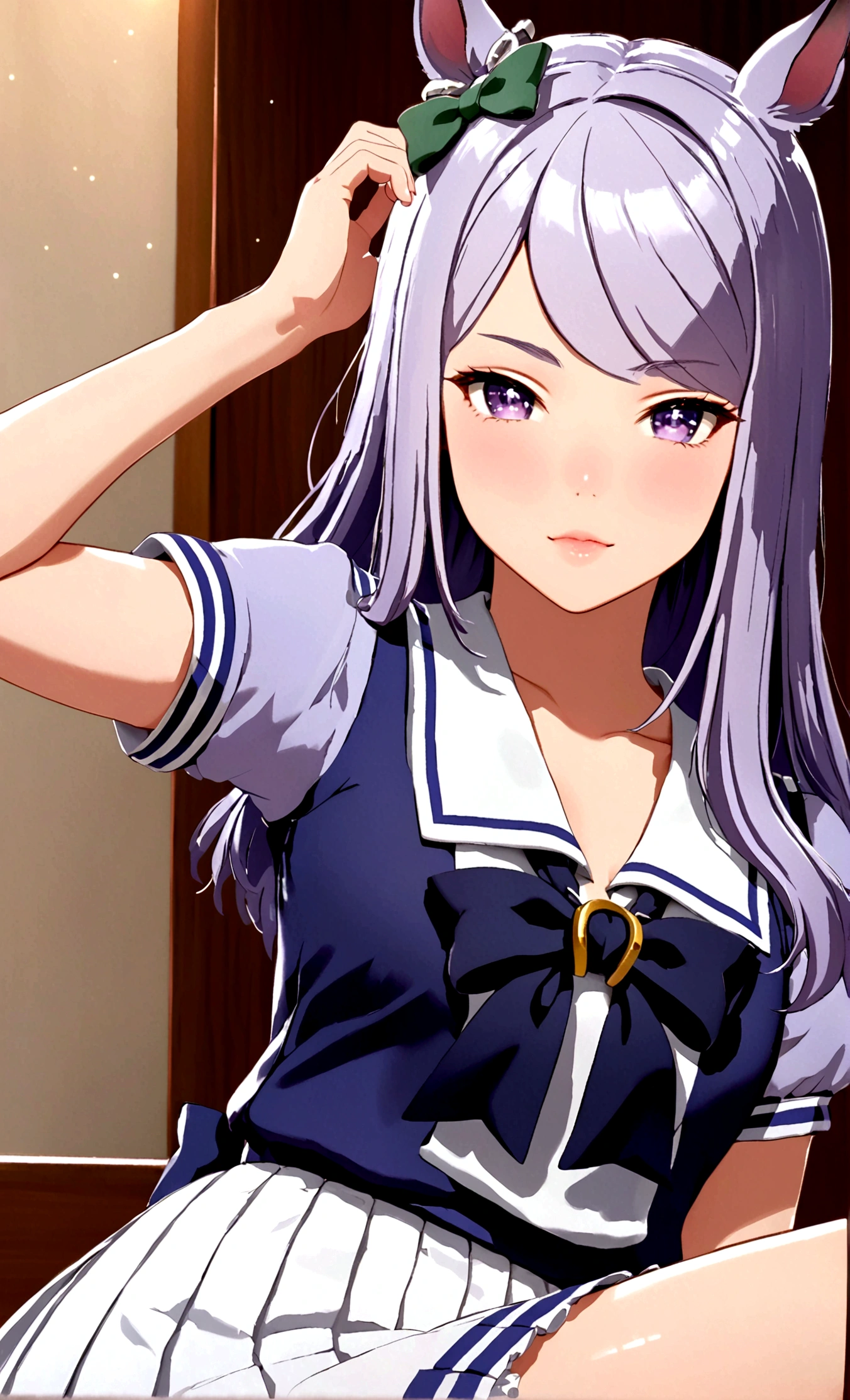 ((8K, Best Quality, masterpiece, Highly detailed)),{{{NSFW}}},Semi-realistic illustrations,Mejiro McQueen \(umamusume\),{1 girl,beautiful girl,cute,smile,kawaii, lovely,blushing,playful expression},sharp focus,oily skin,beautiful detailed hair,glossy hair,(wear school uniform:1.5),(two nipples slip from school uniform:1.2)(NSFW),erection-of-nipples,(lying on the bed:1.2),wear long school skirt,perfect two legs,(spread two legs:1.2),(show-off-white-panties:1.3),five fingers,large breaths,wear black pantyhose,beautiful detailed eyes,jewel like eyes,violet eyes, (two hands behind head:1.1),open mouth,armpits, solo,beautiful navel,  looking at viewer,collarbone,earring