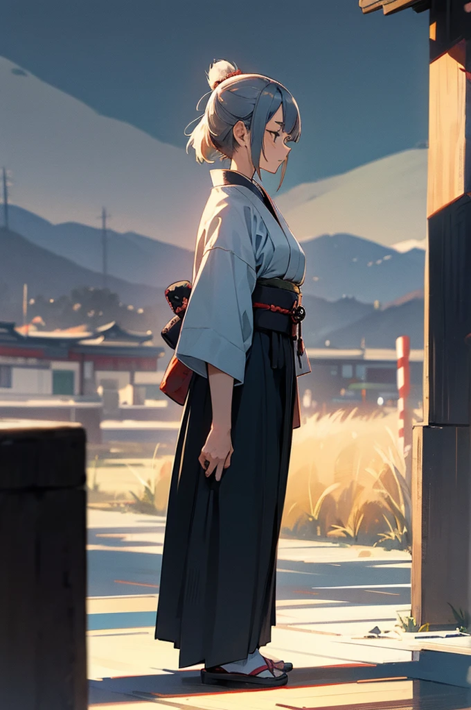 Old Women , Female, samurai Clothing, Standing pose, Town background,