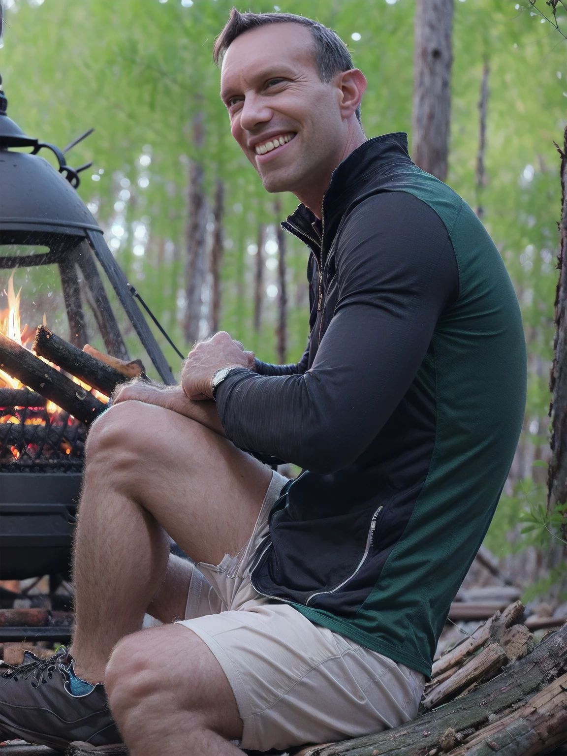 a man, Todder8, Todder1 short hair, perfect skin, RAW, UHD, 8K, looking at camera, sitting on a log next to a camp fire, vacation photography, night forest, brown_sweatshirt, photorealistic, dynamic lighting, dark lighting fireside glow, [smiling]