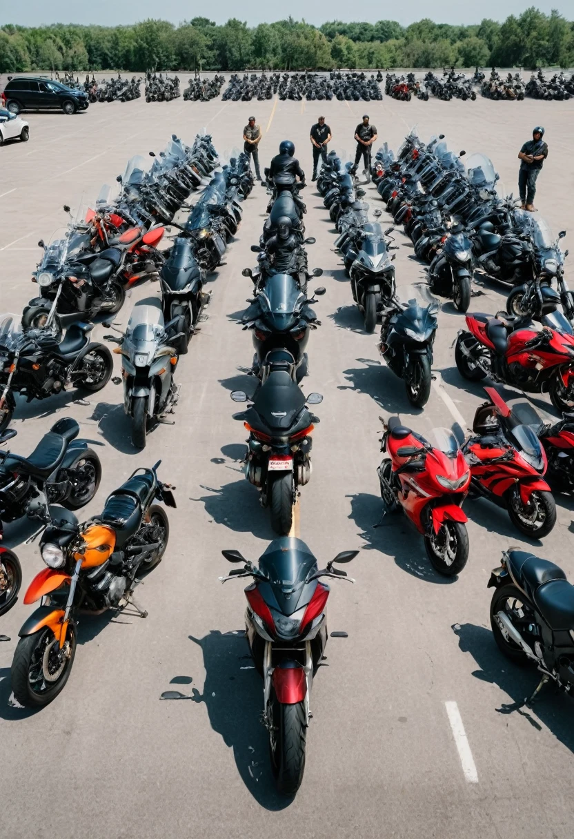 (Motorcycle), In a spacious parking lot, dozens of motorcycles of all kinds are neatly arranged, and riders sit together to exchange experiences and share stories. Motorcycles are not only a means of transportation, but also a link between like-minded friends. The background is a neat motorcycle and talking riders, full body, (Photography), panoramic view, award-winning, cinematic still, emotional, vignette, dynamic, vivid, (masterpiece, best quality, Professional, perfect composition, very aesthetic, absurdres, ultra-detailed, intricate details:1.3)