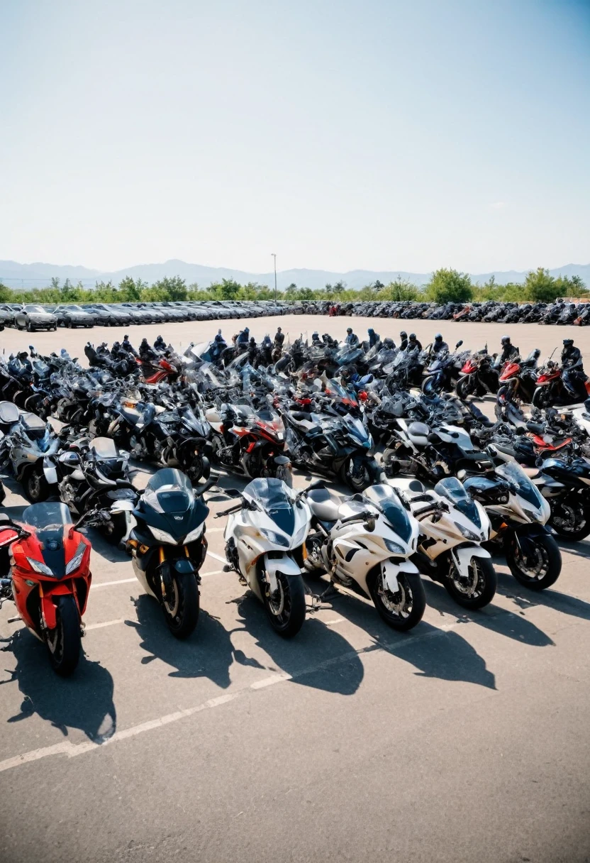 (Motorcycle), In a spacious parking lot, dozens of motorcycles of all kinds are neatly arranged, and riders sit together to exchange experiences and share stories. Motorcycles are not only a means of transportation, but also a link between like-minded friends. The background is a neat motorcycle and talking riders, full body, (Photography), panoramic view, award-winning, cinematic still, emotional, vignette, dynamic, vivid, (masterpiece, best quality, Professional, perfect composition, very aesthetic, absurdres, ultra-detailed, intricate details:1.3)