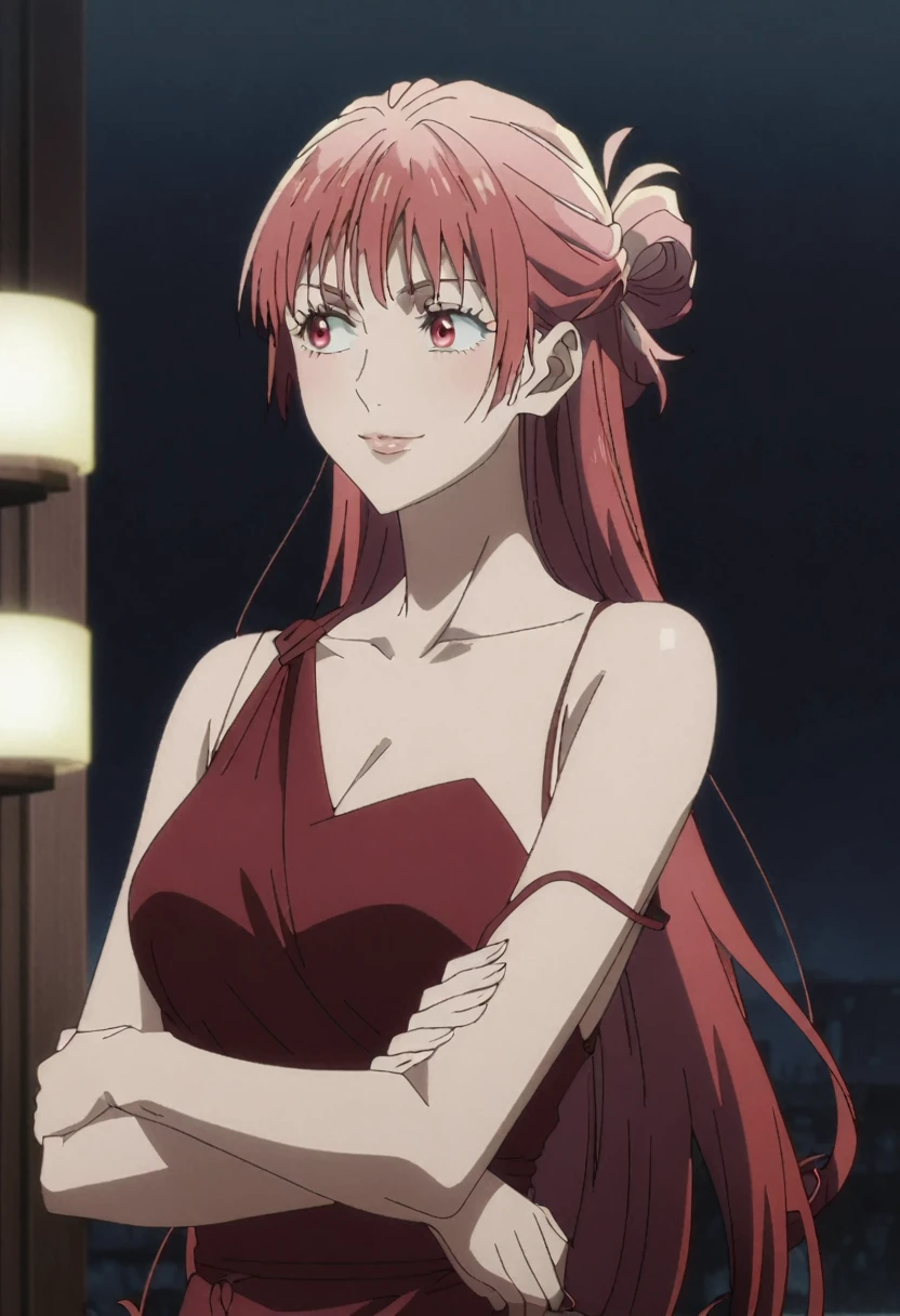 1girl, female gojo satoru, anime screencap from jujutsu kaisen, gojo satoru female version, solo, very long_hair, red eyes ((red_hair)), night view, breasts, upper_body, smile, indoors, book, bangs, red_eyes, lips, ((Twisted Hair updo and side loose tendrils)) wearing an elegant red dress with thin straps, breast, "very detailed and high resolution" (red eyes) ((cross arms)) ((very long hair)) ((solo))