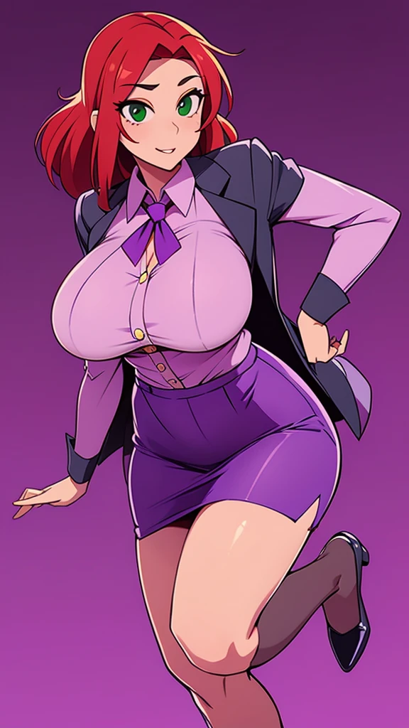 An attractive sexy hex girl with a big breast wears red hair, a tousled cut, her green eye, wears a purple button-down office coat and a long purple skirt with a black heel. 