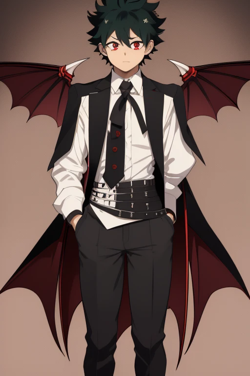 Izuku Midoriya character sheet from My Hero Academia, Vampire, incubus, red eyes and white hair, bat wings, black clothes, black steampunk pants, red shirt, black vest, pale skin. Looking directly at the viewer