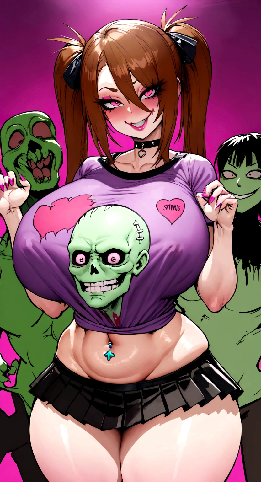 big lips, Brown hair, pink eyes, japanese face, improve, improve grin, two sides up, huge breasts, Wide hips, sexy, detailed, pink room, Hits, (evil smile1.4), kawaii, pleated skirt, punk, GOOD, zombie costume, zombie shirt, zombie choker, zombie skirt, dezombie shirt,navel piercing