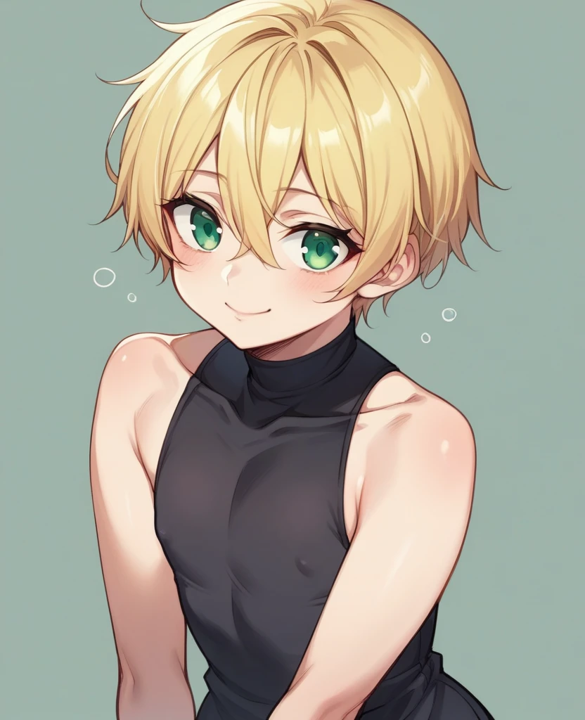 （One girl）、((short hair))、((Blonde))、（Sato Air）、((boyish))、Crossdresser、cute、((flat chest))、green eyes、plump、Black sleeveless、((hairs between eyes))、light smile