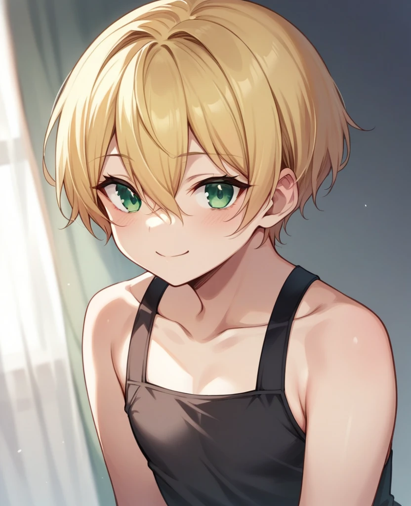 （One girl）、((short hair))、((Blonde))、（Sato Air）、((boyish))、Crossdresser、cute、((flat chest))、green eyes、plump、Black sleeveless、((hairs between eyes))、light smile