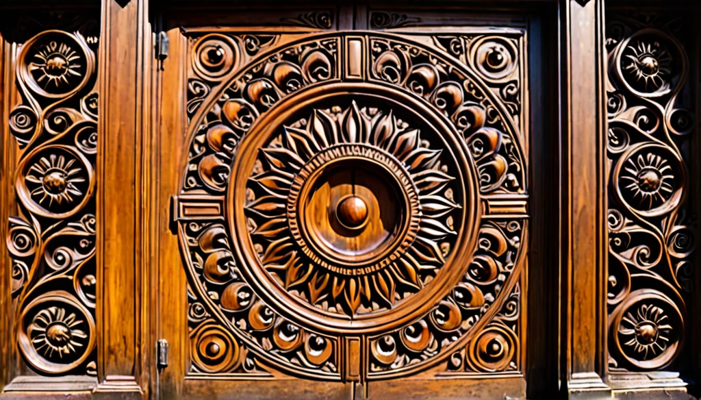 The door is made of wood and has strange carvings on its surface