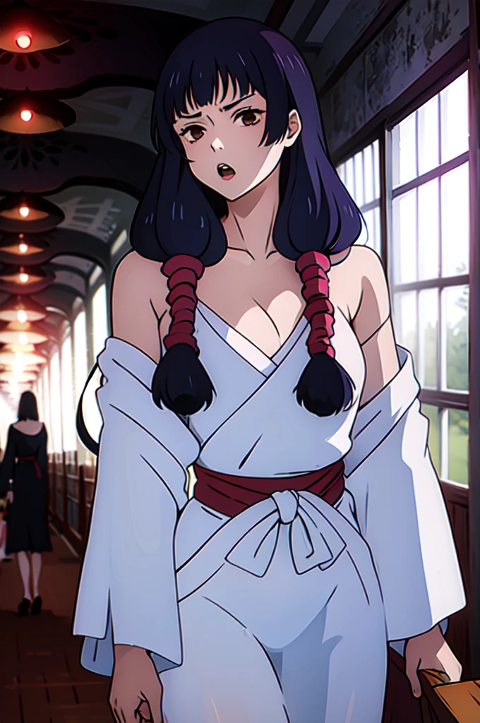 masterpiece, utahime, 1girl, solo, looking at viewer, open mouth, black hair, brown eyes, dress, bare shoulders, collarbone, sidelocks, hairbands, indoors, off shoulder, :o, sweater, arms behind back, plant, long hair with long locks, red hair bands, shrine maiden, off-shoulder sweater, white shrine maiden, big side hair, very long side hair,