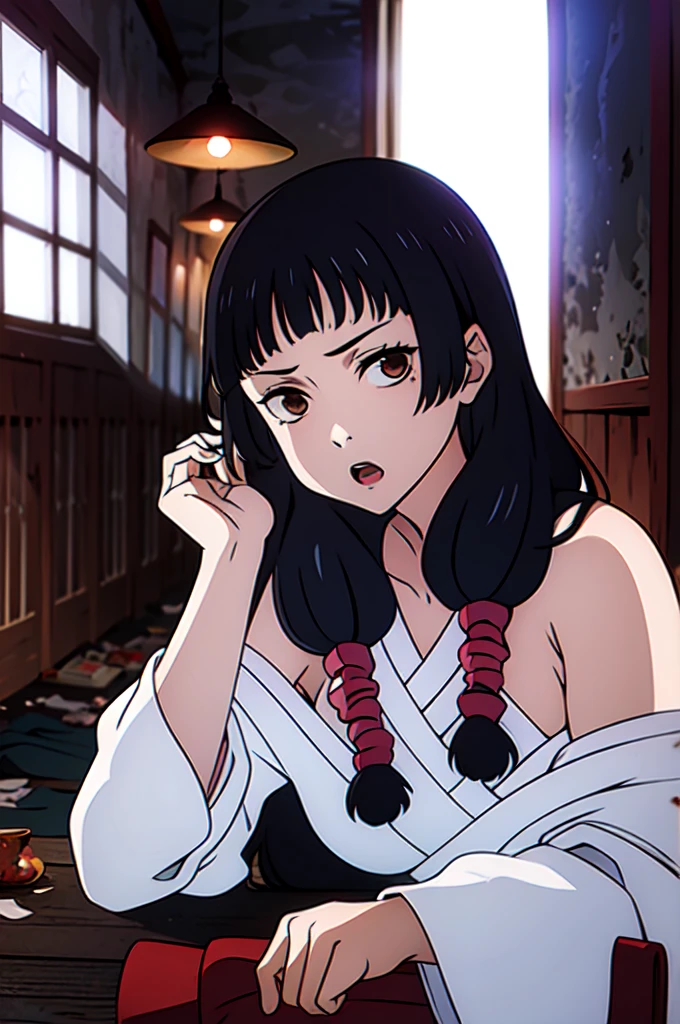 masterpiece, utahime, 1girl, solo, looking at viewer, open mouth, black hair, brown eyes, dress, bare shoulders, collarbone, sidelocks, hairbands, indoors, off shoulder, :o, sweater, arms behind back, plant, long hair with long locks, red hair bands, shrine maiden, off-shoulder sweater, white shrine maiden, big side hair, very long side hair,
