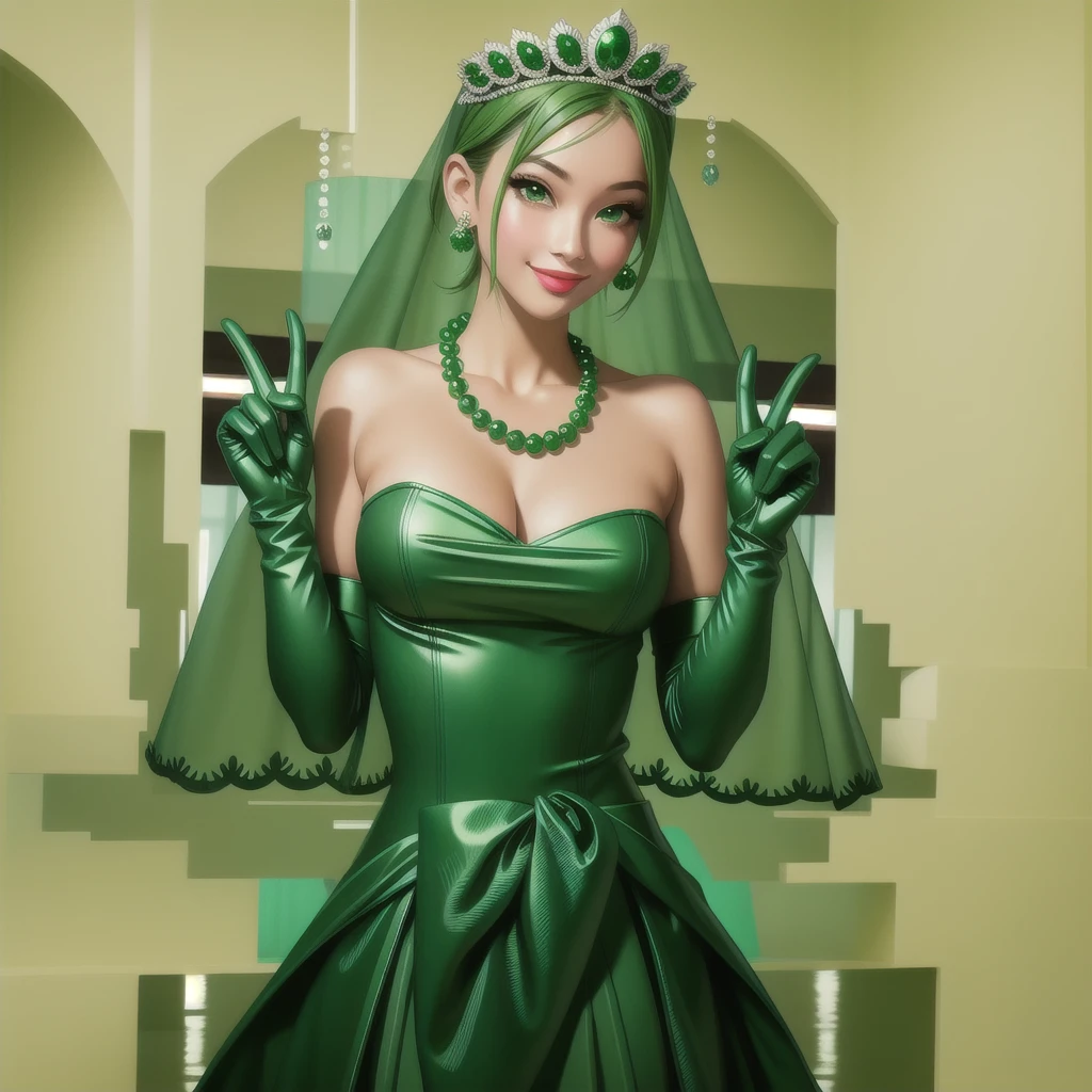 Emerald tiara, Green Pearl Necklace, ボーイッシュな非常に短いGreen Hair, Green Lips, Smiling Japanese woman, Very short hair, Busty beautiful lady, Green Eyes, Green satin long gloves, Green Eyes, Emerald Earrings, Green veil, Vsain, Green Hair, Beautiful Japanese Women, green lip gloss