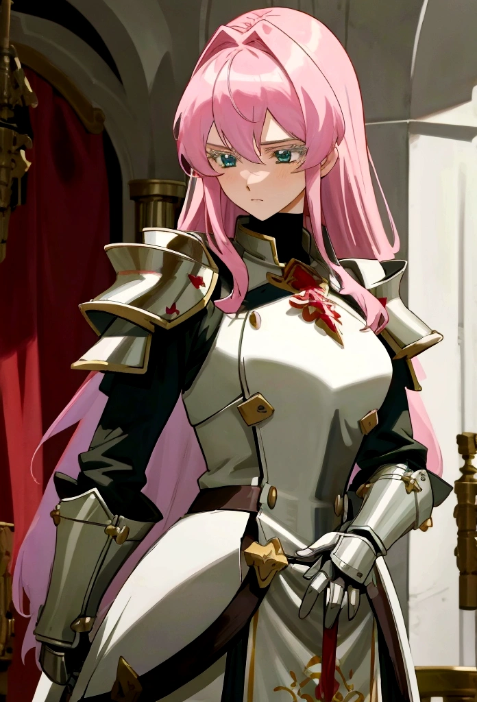 a female knight with pink hair and green eyes and wearing white and red armor 