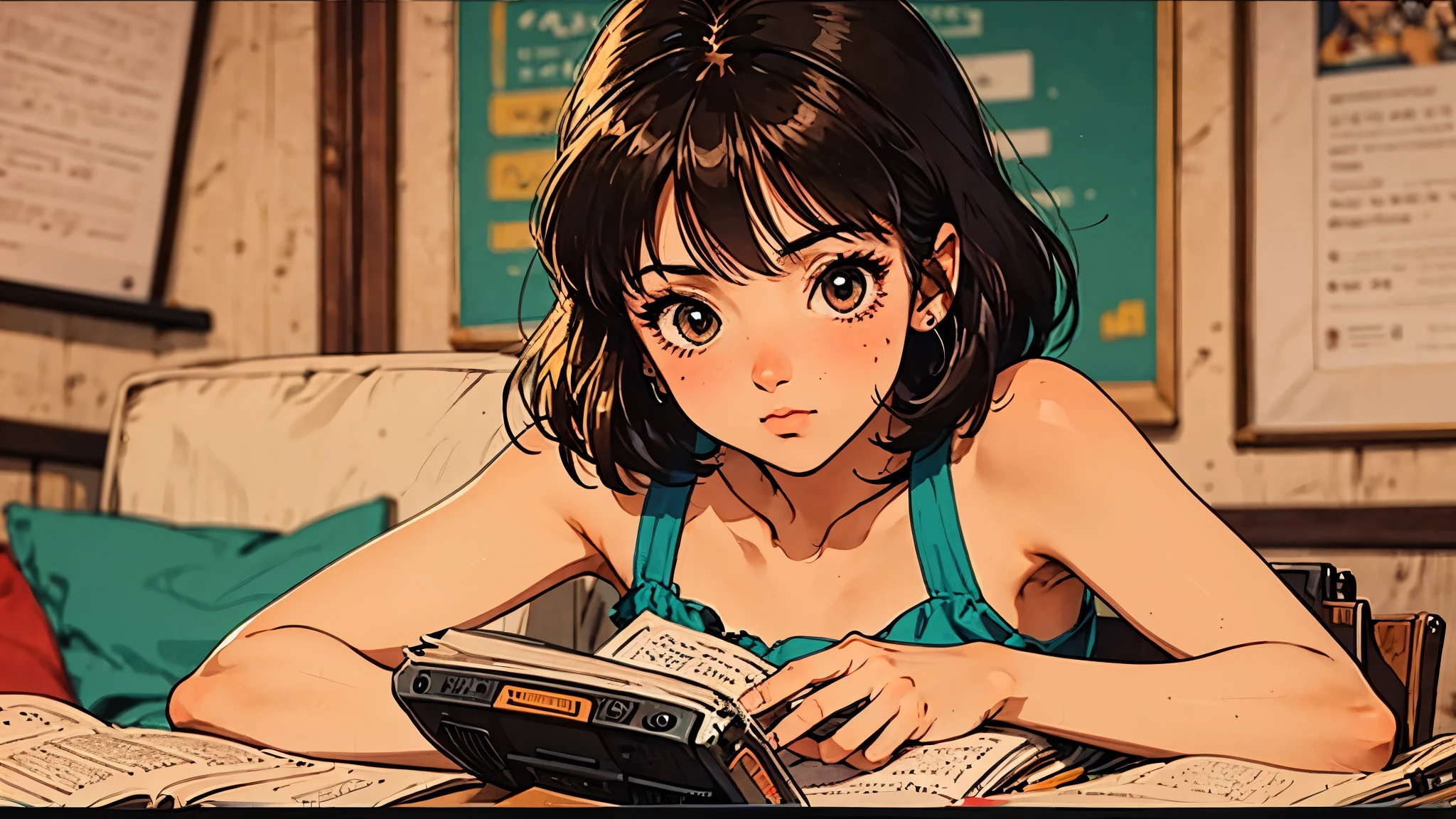 A girl, 80s anime style, retro, lo-fi, piercing