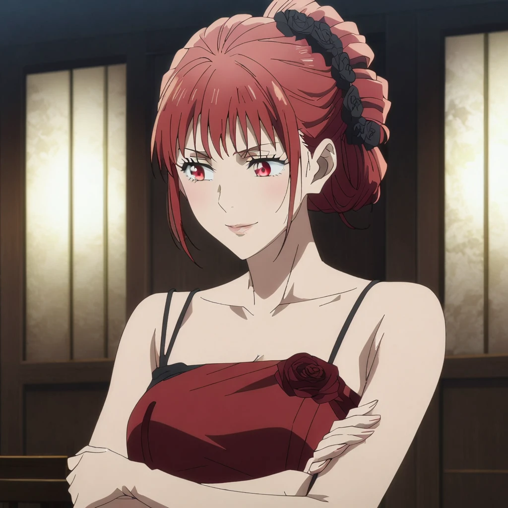 1girl, female gojo satoru, anime screencap from jujutsu kaisen, gojo satoru female version, solo, Medium_hair, red eyes ((red_hair)), night view, breasts, upper_body, smile, indoors, book, bangs, red_eyes, lips, ((her hairstyle : The character in the image has bridal hairstyle)) wearing an elegant red dress with thin straps, breast, "very detailed and high resolution" (red eyes) ((cross arms)) ((medium hair)) ((solo))