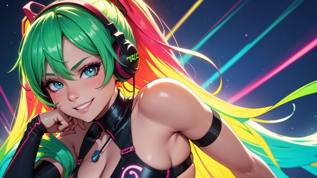 anime girl, 2 piece neon blue bikini, headphones,night beach party,dancing,smiling,(best quality:1.2),(ultra-detailed:1.2),(realistic:1.37),HDR,vivid colors,portraits,headphone girl,energetic pose,colorful lights,joyful expression ,anime style, atmosphere,techno music,electronic dance music,festival vibes,hip hop beats,festival outfit,expressive eyes,long hairstyle with vibrant green and red color hair, gold eyes, elaborate makeup neon lights,beaming smile,positive vibes,high-energy performance,stylized backgrounds,colorful visuals,excitement in the air, mid body portrait, 