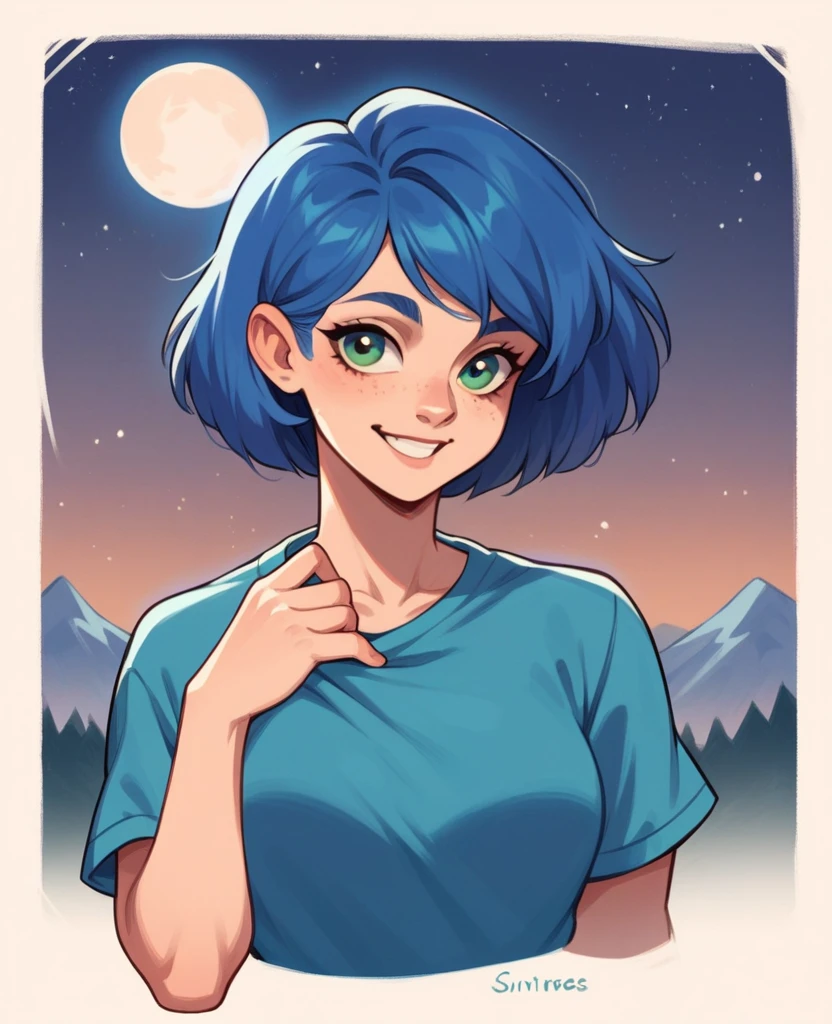 1 Girl, sxfrances, short hair,Blue Hair, Green Eyes, freckle, Smile, Blue shirt,，Showy clothing, Mountain, moon, (night:1.5), Looking at the audience 