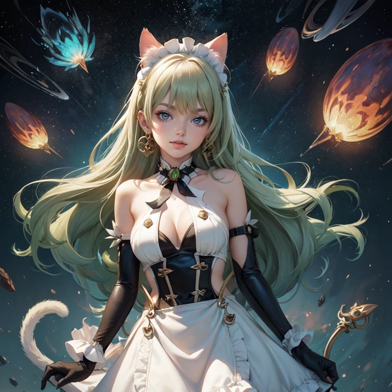 1girl, white maid dress, jewelry, green hair, flowing hair, long hair, maid dress with a short skirt and layers, white laces, white boots, white dress with transparency, gold details on her clothes, cat ears, animal ears, more details, perfectly body, perfectly hands, two hands, two legs, two arms, five fingers, glowing hair, best quality, cat ears, animal ears, tail ornament, tail bow, white gloves, two cat tail, white gloves, alone, maid headdress, choker, detached sleeves, maid dress, maid white dress, strapless, masterpeice, best quality, detailed face, night, mobius (honkai impact), honkai (series), honkai impact 3rd, asymmetrical gloves, bangs, white short skirt , white gloves, white boots, earrings, elbow gloves, fishnet thighhighs, fishmasterpeice, solo, best quality, detailed face, gloves, green eyes, green hair, hair between eyes, jewelry, long hair, looking at viewer, single earring, sky, sleeveless, solo, thigh boots, thighhighs, tongue, tongue out, uneven gloves, cat ears, animal ears, cat tail, solo, alone, Looking at the viewer, More details on the clothes, space scenery, maid, maid dress, golden details, maid headdress, maid apron, seat on the Saturn rings, more details on her clothes, gold details on her clothes, space, smiling, standing her hand to a viewer, looking at the viewer, in the background a several asteroids glowing with fiery auras, Saturn, planets, Dramatic lighting from distant stars and planets illuminates the scene, looking at the vast and mysterious universe, cowboy shot, upper body portrait, more details, sparkle,