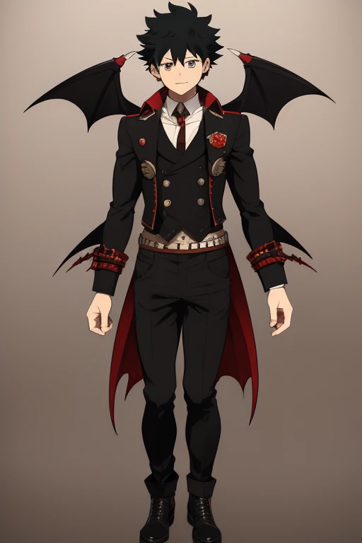 Izuku Midoriya character sheet from My Hero Academia, Vampire, incubus, red eyes and white hair, bat wings, black clothes, black steampunk pants, red shirt, black vest, pale skin. Looking directly at the viewer