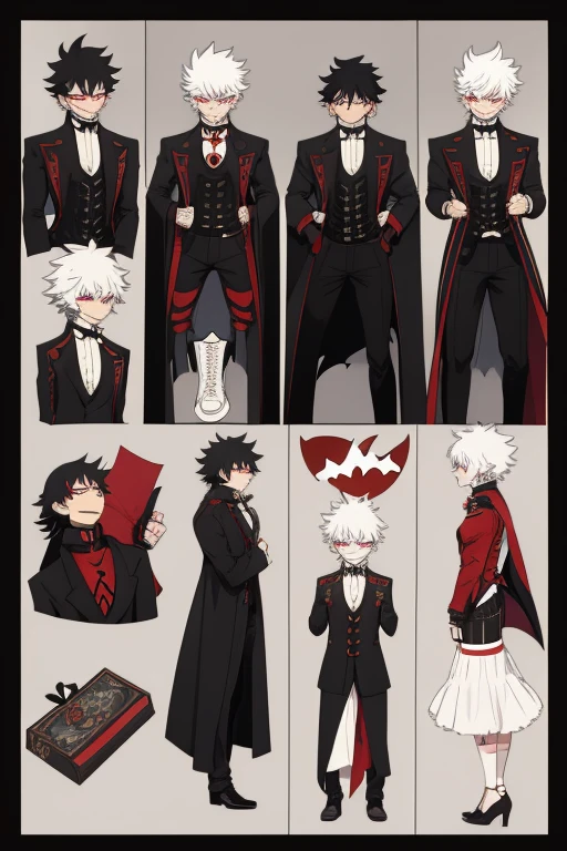 Izuku Midoriya character sheet from My Hero Academia, Vampire, incubus, red eyes and white hair, bat wings, black clothes, black steampunk pants, red shirt, black vest, pale skin. Looking directly at the viewer