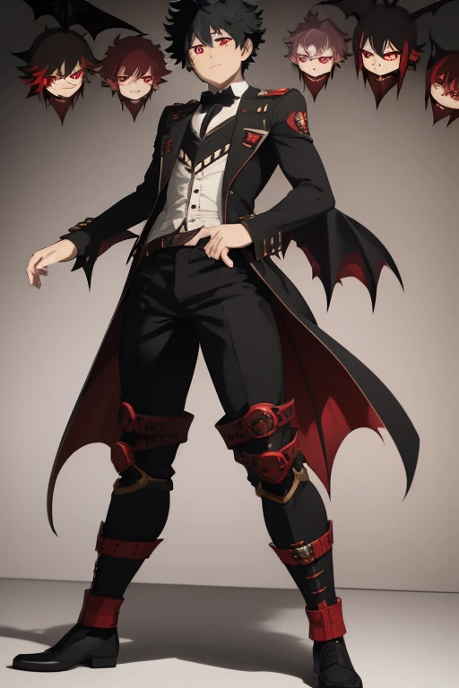 Izuku Midoriya character sheet from My Hero Academia, Vampire, incubus, red eyes and white hair, bat wings, black clothes, black steampunk pants, red shirt, black vest, pale skin. Looking directly at the viewer