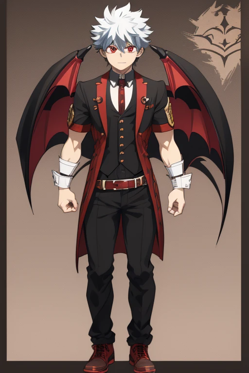 Izuku Midoriya character sheet from My Hero Academia, Vampire, incubus, red eyes and white hair, bat wings, black clothes, black steampunk pants, red shirt, black vest, pale skin. Looking directly at the viewer