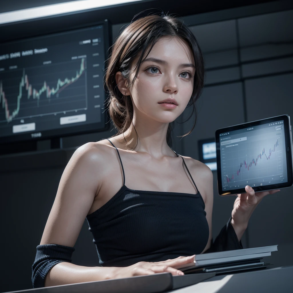 A professional-style image representing the theme of trading. In the center of the image, a candlestick chart showing upward and downward trends, with trend lines and technical indicators. The background is a soft blue, with subtle elements reminiscent of technology and finance, such as numbers and charts in transparency. At the top, the text 'Trading is my Passion' in an elegant and modern font, centered and prominently displayed. Include additional details like a stylized figure of a trader holding a laptop or tablet, looking at the chart with an expression of focus and determination. The image should convey professionalism, passion, and expertise in trading