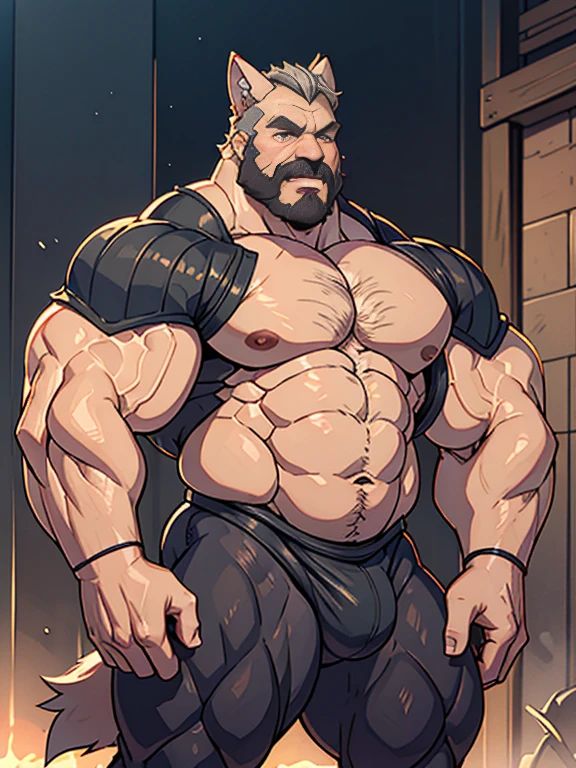 burly virile hairy man, with two wolf ears and a bushy tail, in a suit of armor, middle-aged, hirsute, overmuscular and musclebound, bulging veiny muscles, a warrior's build, a bodybuilder's physique, long bushy and a thick mustache, a square jaw, handsome and dreamy, grey hair, a gladiator in the arena