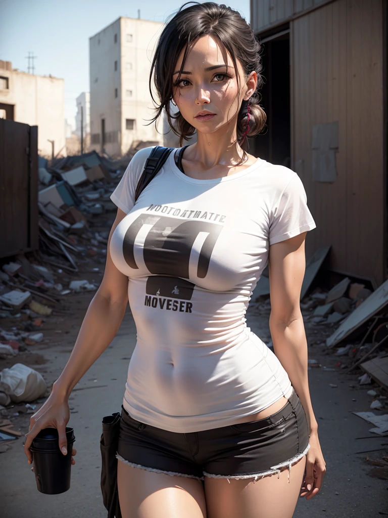 Sexy mother 45 years old, t-shirts, outside, post apocalypse scene, scavenger