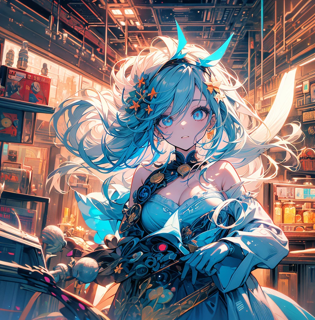 a beautiful 20 year old blonde woman with big messy hair in a blue dress, white stockings, black headband, cleavage, holding a glowing mushroom, fantasy art style, rossdraws cartoon vibrant, alice x. zhang, alice in wonderland cyberpunk, cute detailed digital art, colorfull digital fantasy art, digital fantasy art ), glossy digital painting, rossdraws pastel vibrant, rossdraws 2. 5, rossdraws 1. 0