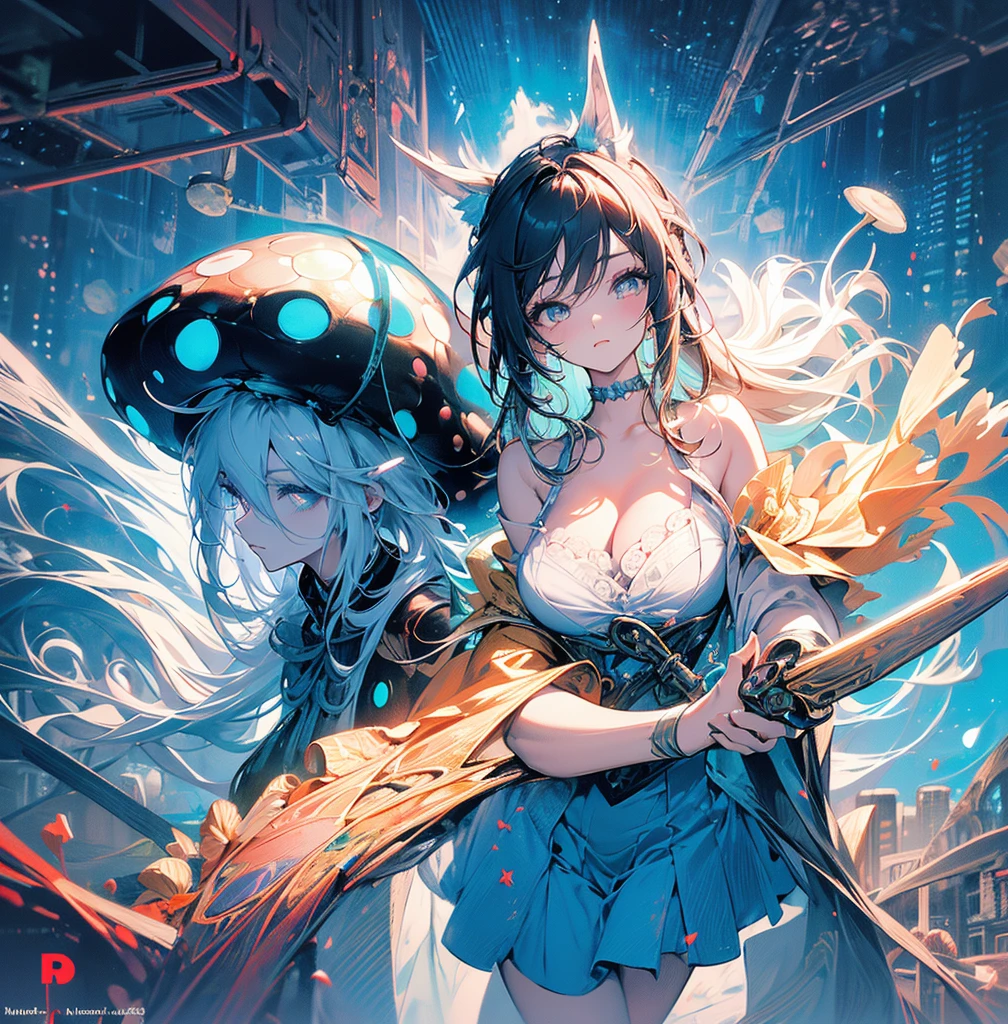 a beautiful 20 year old blonde woman with big messy hair in a blue dress, white stockings, black headband, cleavage, holding a glowing mushroom, fantasy art style, rossdraws cartoon vibrant, alice x. zhang, alice in wonderland cyberpunk, cute detailed digital art, colorfull digital fantasy art, digital fantasy art ), glossy digital painting, rossdraws pastel vibrant, rossdraws 2. 5, rossdraws 1. 0