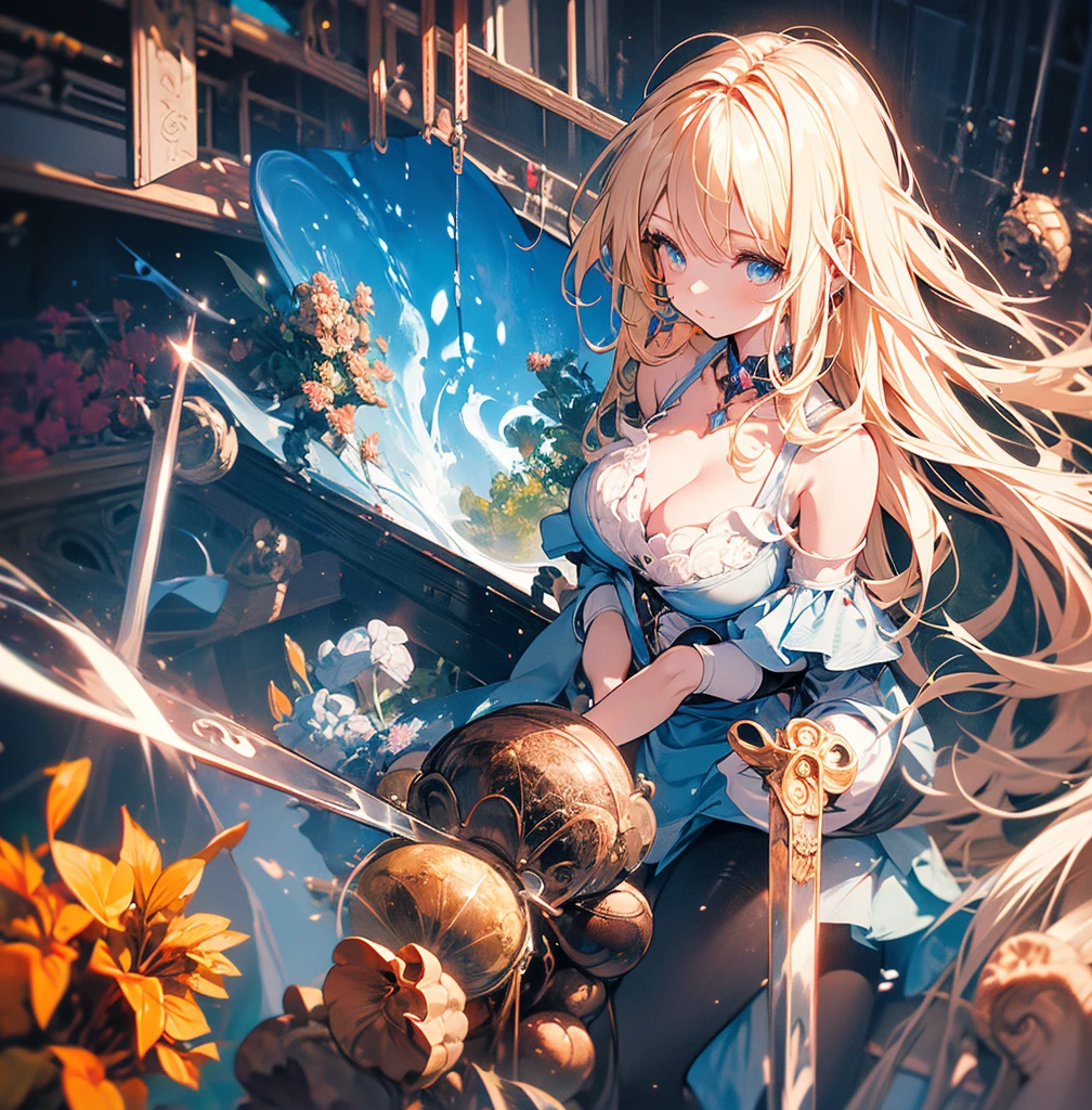 a beautiful 20 year old blonde woman with big messy hair in a blue dress, white stockings, black headband, cleavage, holding a glowing mushroom, fantasy art style, rossdraws cartoon vibrant, alice x. zhang, alice in wonderland cyberpunk, cute detailed digital art, colorfull digital fantasy art, digital fantasy art ), glossy digital painting, rossdraws pastel vibrant, rossdraws 2. 5, rossdraws 1. 0