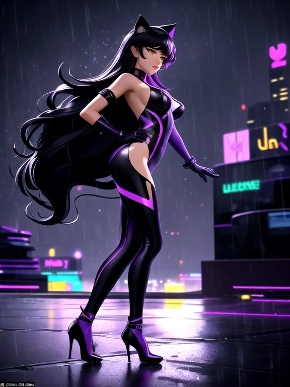 masterpiece:1.2, best quality,  Belladonna, cat ears, long hair, purple body suit, black gloves, high heels medium breasts, black hair, yellow eyes,, full body, up close, standing, cyberpunk background, blur, neon lights, roof top, in the rain, overlooking city, upper body, ((side view)), up close, looking at viewer,