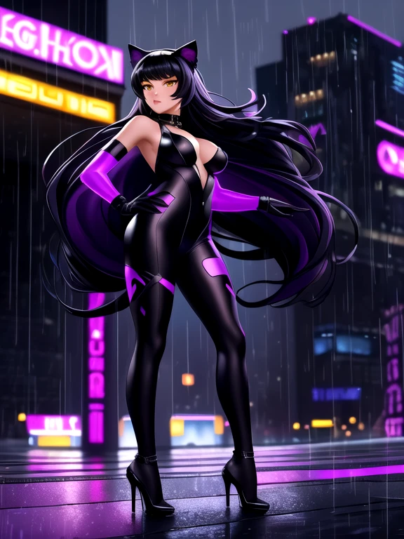 masterpiece:1.2, best quality,  Belladonna, cat ears, long hair, purple body suit, black gloves, high heels medium breasts, black hair, yellow eyes,, full body, up close, standing, cyberpunk background, blur, neon lights, roof top, in the rain, overlooking city, upper body, ((side view)), up close, looking at viewer,