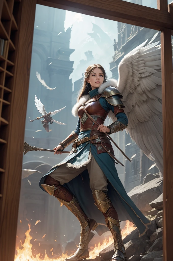 Set in a library full of books and flying feathers, A warrior, an archer, an ice wizard and a fire witch