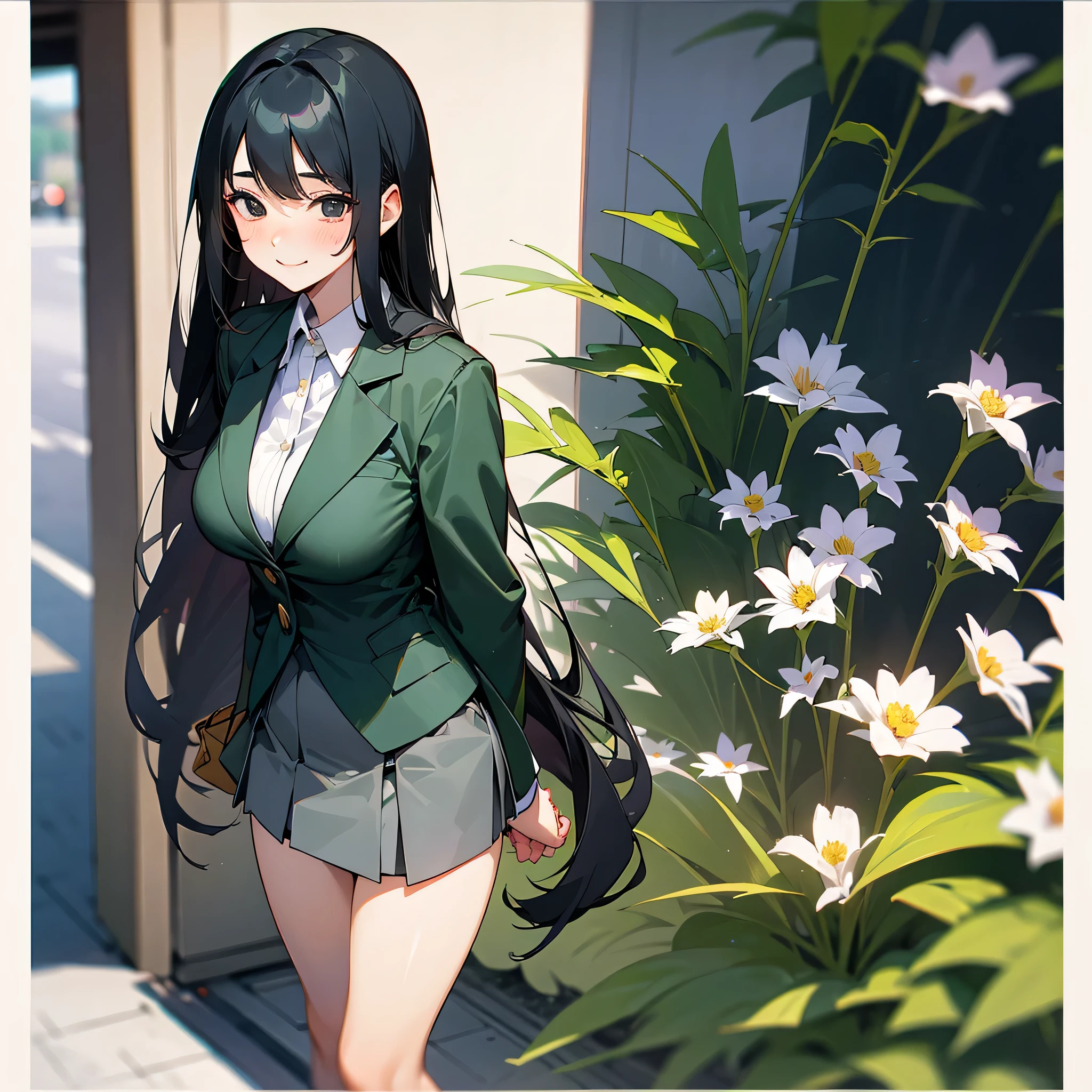 1female, young , big breast, finely detailed black eyes, straight long hair, black hair color, pale green blazer, , short skirt, standing on street, day time, tokyo streets, happy expression, flowers, blushing