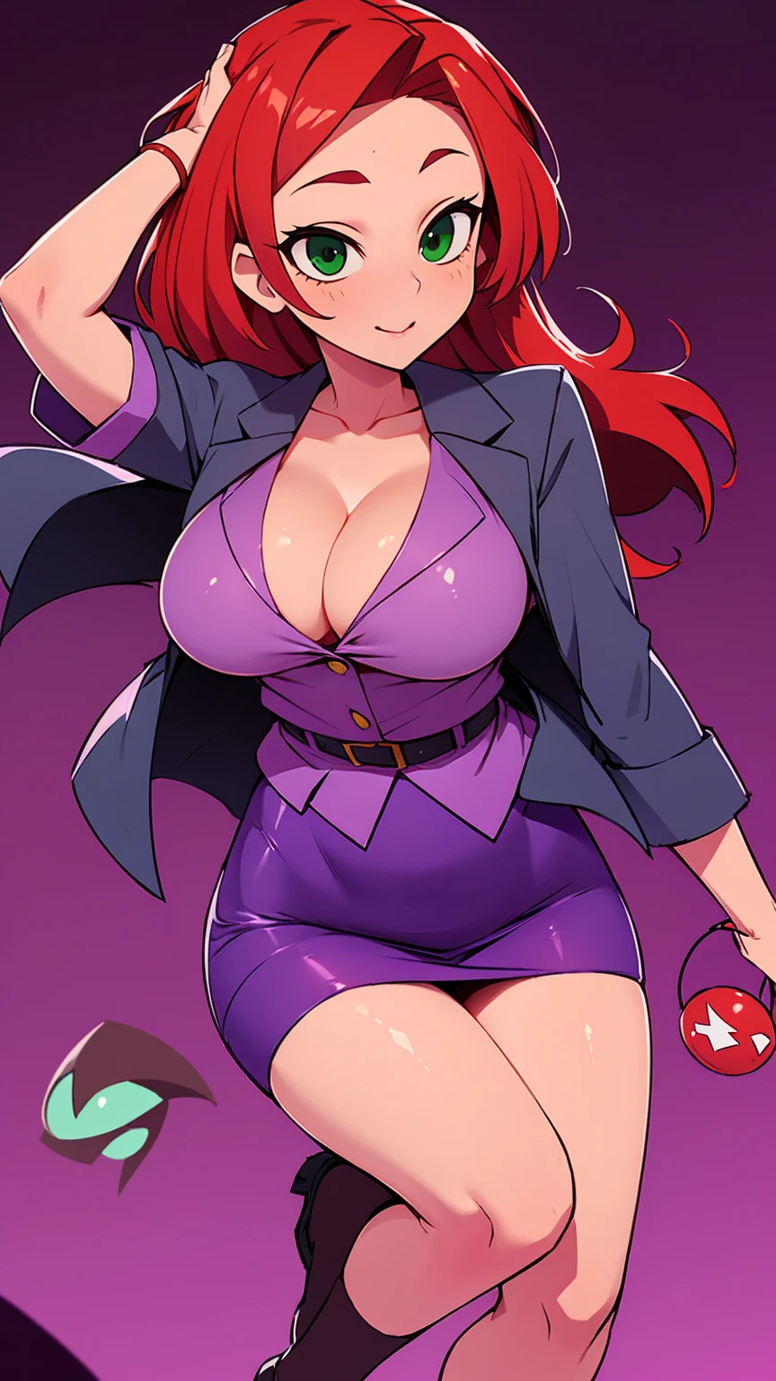 An attractive sexy hex girl with a big breast wears red hair, a tousled cut, her green eye, wears a purple button-down office coat and a long purple skirt with a black heel.