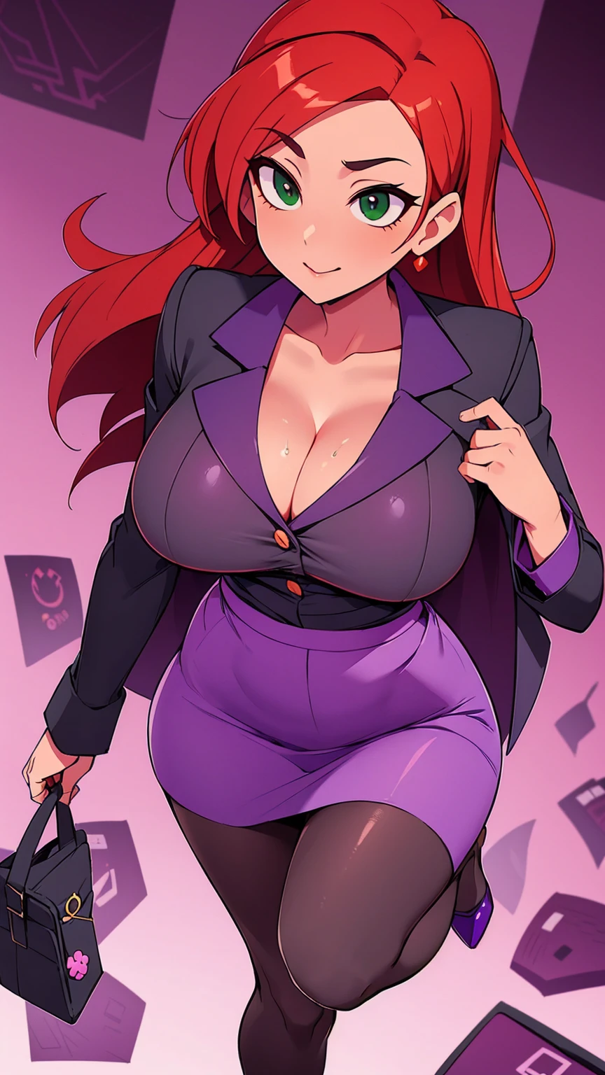 An attractive sexy hex girl with a big breast wears red hair, a tousled cut, her green eye, wears a purple button-down office coat and a long purple skirt with a black heel. 