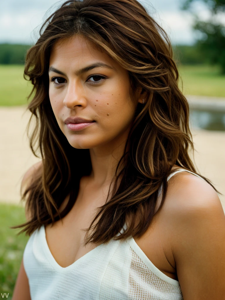 Realistic photo of a beautiful 3v4m-v2 woman, 1girl, solo, long hair, looking at viewer, simple background, brown hair, white background, brown eyes, closed mouth, upper body, lips, mole under eye, realistic, soft lighting, professional Photography, Photorealistic, detailed, RAW, analog, sharp focus, 8k, HD, high quality, masterpiece