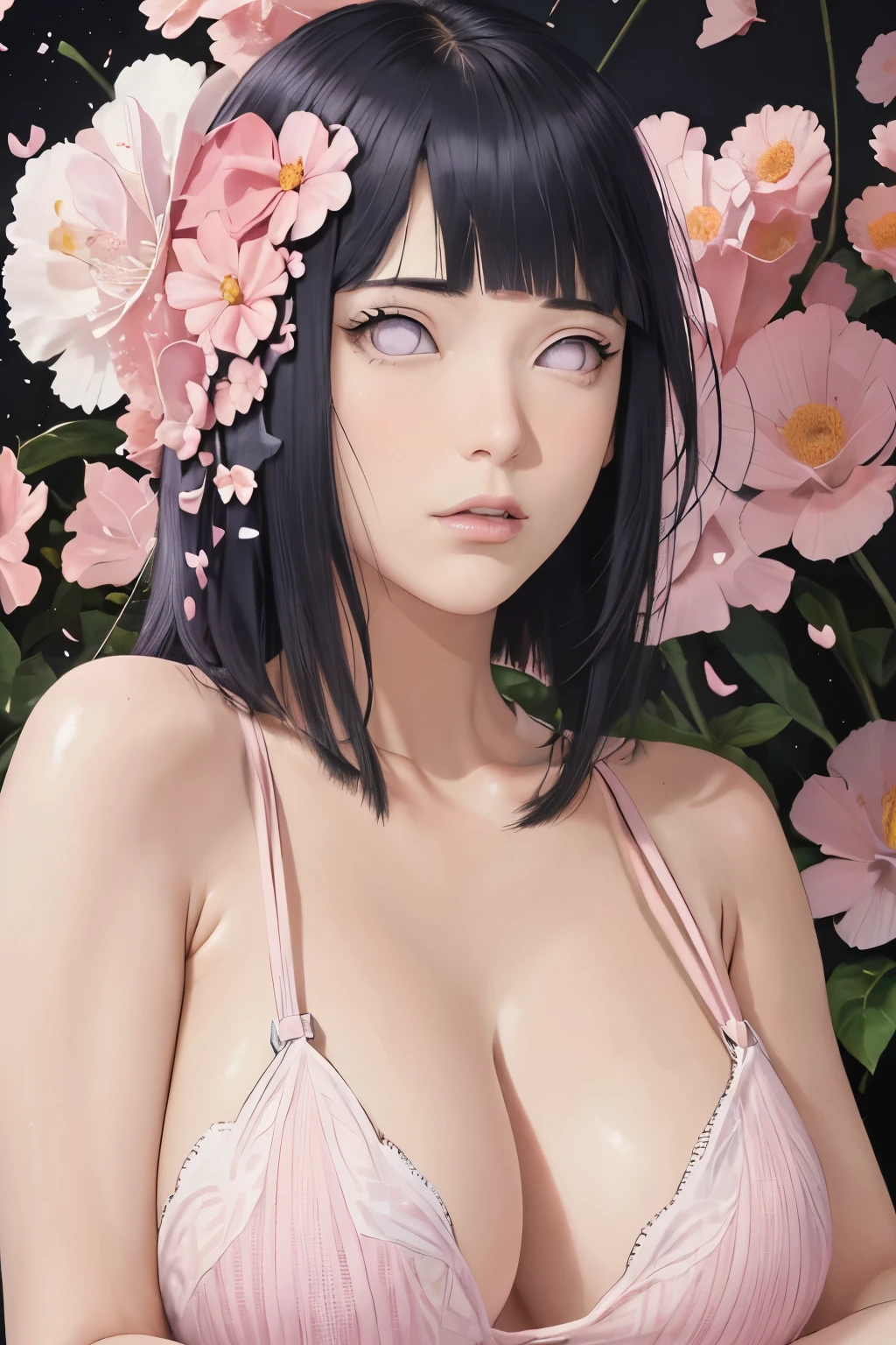 masterpiece, absurdres, hinata\(naoruto\), 1girl, solo, Yong female, spaghetti strap top, high waist short skirt, looking at viewer, (falling petals), perfect composition, detailed lips, small naked breast, beautiful face, body propotion, blush, (pink lips), long hair, purple eyes, soft gaze, super realistic, detailed, photoshoot, realistic face and body, thighhighs, nude breasts