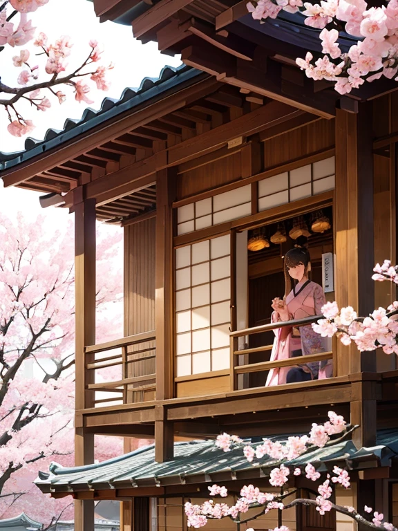 A realistic owl, known for bringing good luck, is perched on a branch of a cherry blossom tree in full bloom. The owl's feathers are intricately detailed, with shades of brown and white, and its large, wise eyes seem to gleam with a mystical light. The cherry blossoms around it create a picturesque scene, with delicate pink petals falling gently in the breeze. Below, a traditional Japanese house with a tiled roof and wooden beams is visible, adding to the serene and auspicious atmosphere. The entire scene exudes a sense of peace, harmony, and good fortune."