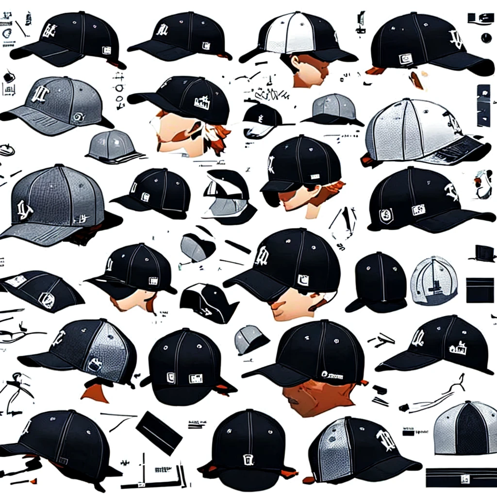 baseball hat, concept art and accessories, detailed, multiple angles, white background