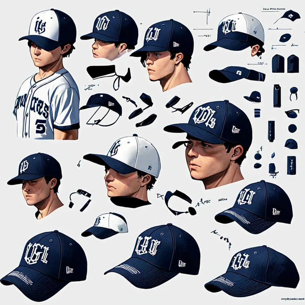 baseball hat, concept art and accessories, detailed, multiple angles, white background