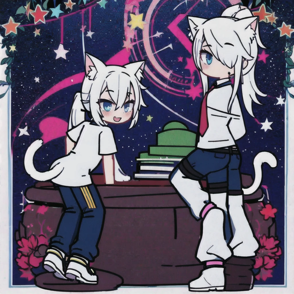 1 guy, full body, White hair, bangs cover the right eye, ponytail, shirt, tie, pants, sitting in a sexy pose, butt, cat ears, tail, ass