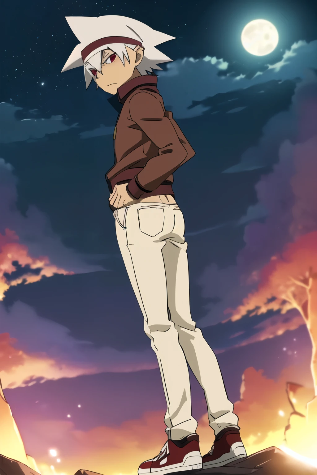 (((Ultra-Detailed, Best Quality, Ultra-Realistic, High Quality))), (Standing, Bent Forward, Hands On Hips, Looking At The Viewer), (Ass View, Behind View, Booty View, Butt View, Calf Close-Up, Full Body) (Alone), (Single), (Solo), ((Male Focus)), ((1 Boy)), (Single Boy), ((Young Boy)), ((Teenage Boy)), ((Teenager)), ((15 Years Old)), ((High School Boy)), (((Soul_Eater_Evans))) ((Slender Body, Skinny Body, Beige Colored Skin)), ((Butt Cleavage)) (Petite Butt), (Bubble Butt), (Sexy Butt), ((Spiky Hair, White Hair)), ((Red Eyes)), ((Detailed Face, Shark Teeth, Blushing)), (He Looks Embarrassed And Scared), ((Loose-Fitting Maroon Pants, Headband, Letterman Jacket, Black Converse Sneakers)), [Background; (Dark Forest), (Foggy), (Full Moon), (Night Sky), (Scary Ambient Lighting)]