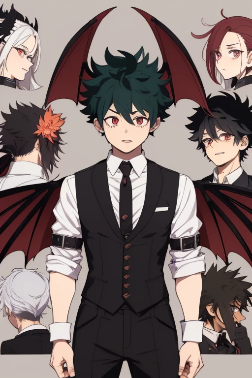 Izuku Midoriya character sheet from My Hero Academia, Vampire, incubus, red eyes and white hair, bat wings, black clothes, black steampunk pants, red shirt, black vest, pale skin. Looking directly at the viewer