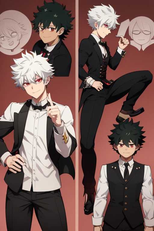 Izuku Midoriya character sheet from My Hero Academia, Vampire, incubus, red eyes and white hair, bat wings, black clothes, black steampunk pants, red shirt, black vest, pale skin. Looking directly at the viewer
