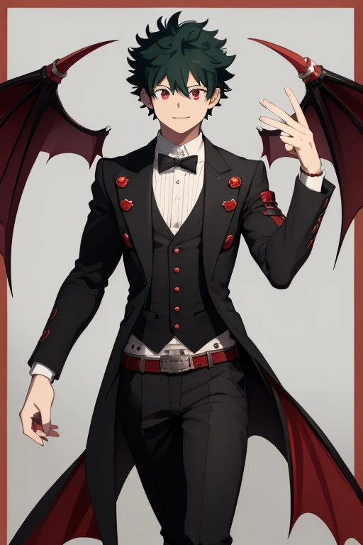 Izuku Midoriya character sheet from My Hero Academia, Vampire, incubus, red eyes and white hair, bat wings, black clothes, black steampunk pants, red shirt, black vest, pale skin. Looking directly at the viewer