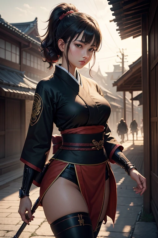 (masterpiece:1.1), (best quality:1.1), (extremely detailed CG unity 8k wallpaper), (best illustration), (best shadow), (absurdres:1.1), realistic lighting, beautiful detailed glow, (Kunoichi), on a Edo city