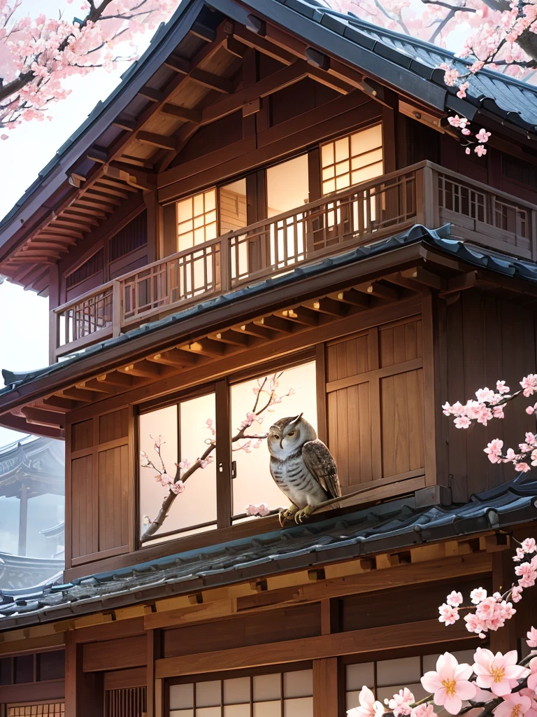 A realistic owl, known for bringing good luck, is perched on a branch of a cherry blossom tree in full bloom. The owl's feathers are intricately detailed, with shades of brown and white, and its large, wise eyes seem to gleam with a mystical light. The cherry blossoms around it create a picturesque scene, with delicate pink petals falling gently in the breeze. Below, a traditional Japanese house with a tiled roof and wooden beams is visible, adding to the serene and auspicious atmosphere. The entire scene exudes a sense of peace, harmony, and good fortune."